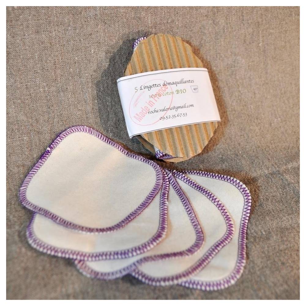 Lot 5 lingettes démaquillantes coton bio, réutilisables lavables en machine