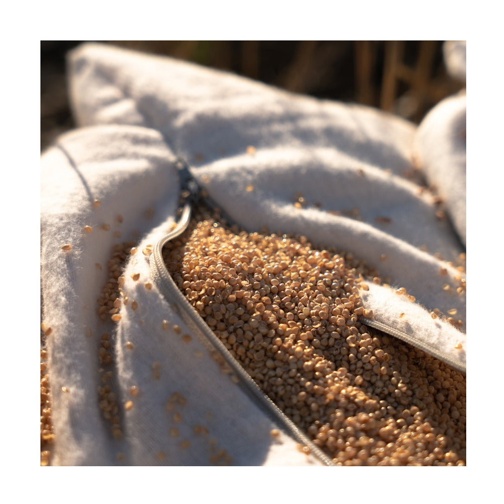 Détail du garnissage : balle de millet biologique non décortiquée.