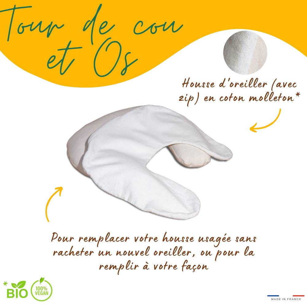 Housse de polochon et tour de cou en coton bio en situation : rechange pour polochon et tour de cou