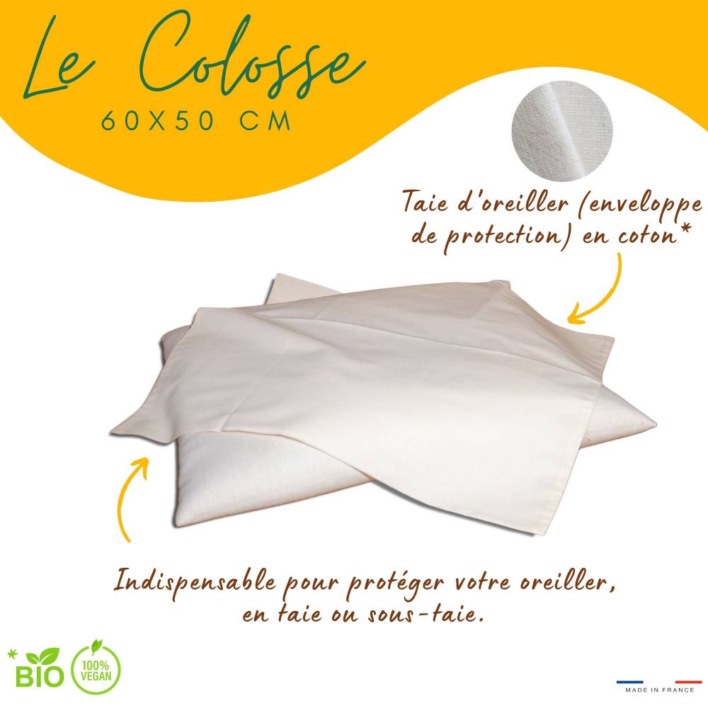 Taie d'oreiller en coton bio GOTS en situation : protection hypoallergénique d'oreiller naturel
