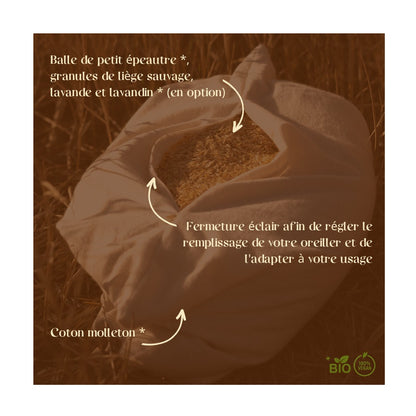 Oreiller bio en épeautre IGP et liège du Var en situation : sommeil ergonomique cervical