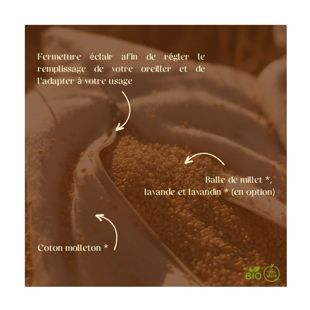 Détail du garnissage : balle de millet biologique.